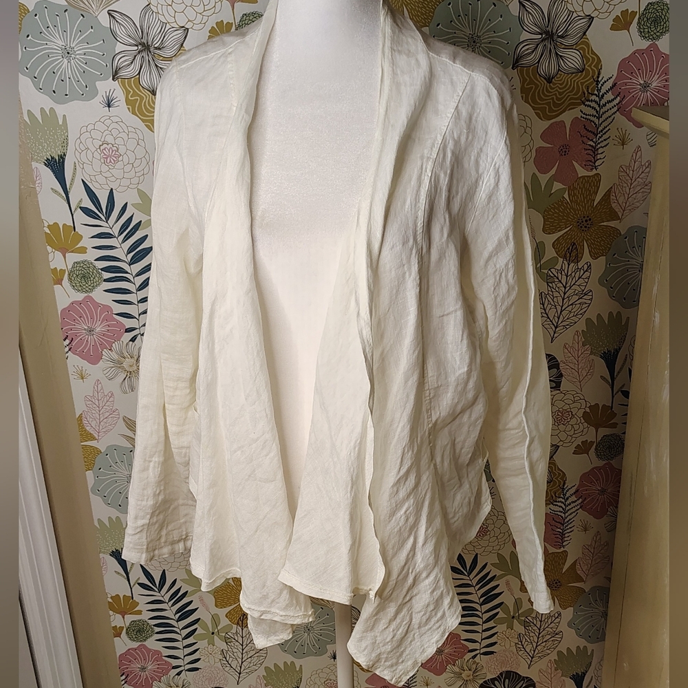 Ambra Cream Linen Women's Open Front Flowy Boho Cardigan Size L